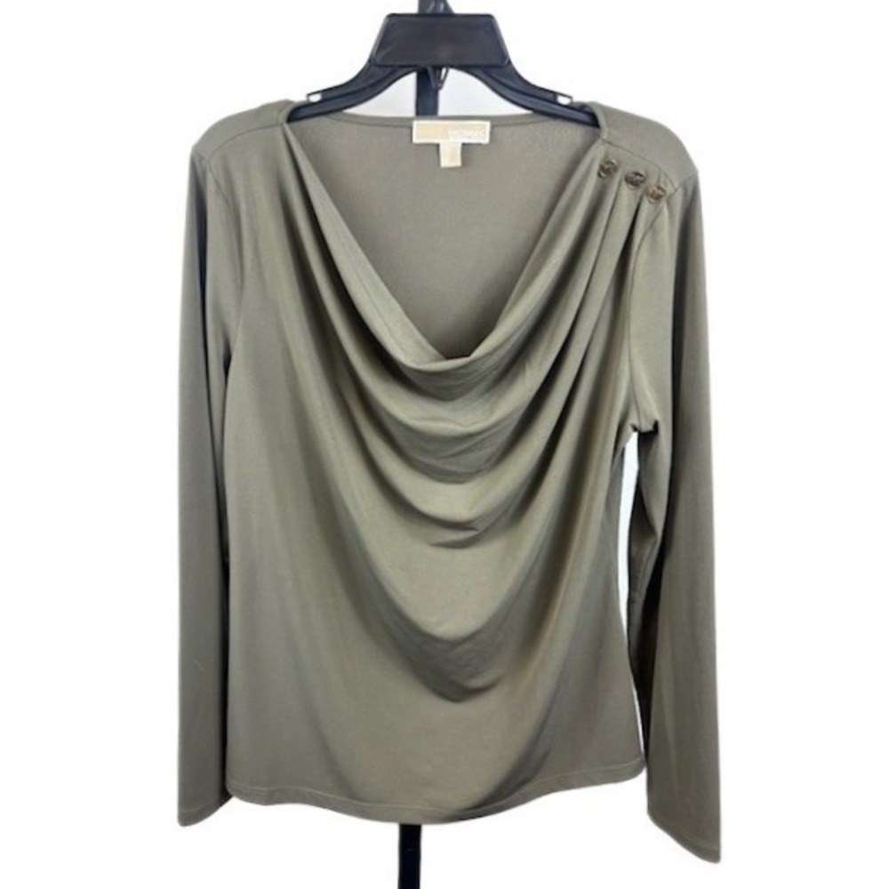 Michael‎ Kors Blouse Women's Size Large Olive Green Drape Neck Long Sleeve Top